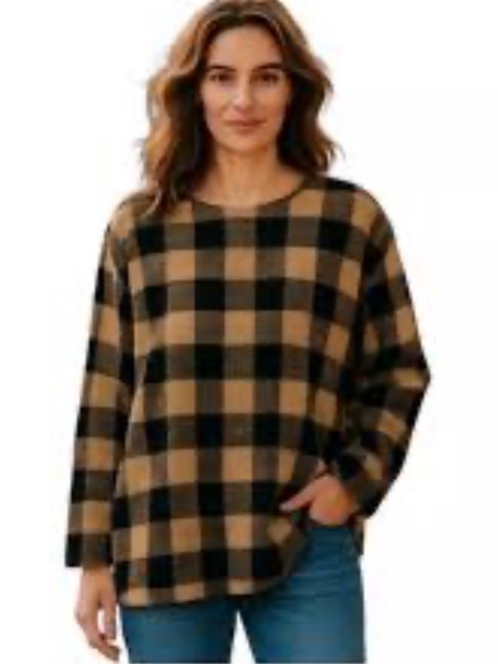 J.Jill Relaxed Buffalo Check Pullover Sweatshirt - Black and Tan 4X